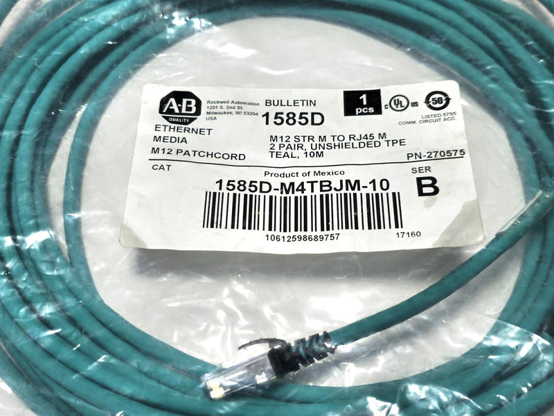 Allen Bradley 1585D-M4TBJM-10 M12 STR to RJ45 Ethernet Cable 10 Meters - New