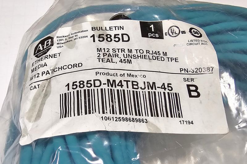Allen Bradley 1585D-M4TBJM-45 M12 STR to RJ45 Ethernet Cable 45 Meters - New