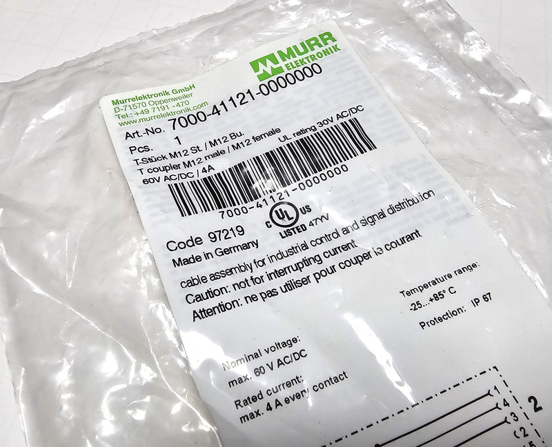 Murr Elektronik 7000-41121-0000000 M12 T Coupler Male to dual Female Ports - New