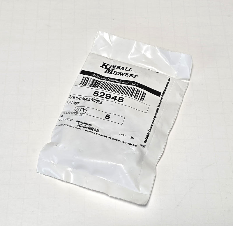 Kimball Midwest 52945 5-Pack 3/8 Industrial Male Nipple 1/4 MPT - New / Sealed
