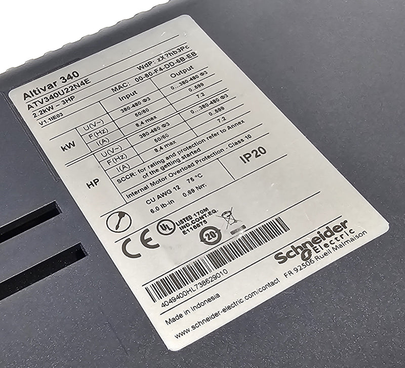 Schneider ATV340U22N4E Altivar 340 2.2 kW - 3HP 380-480V VFD Drive - No CN2 Con.