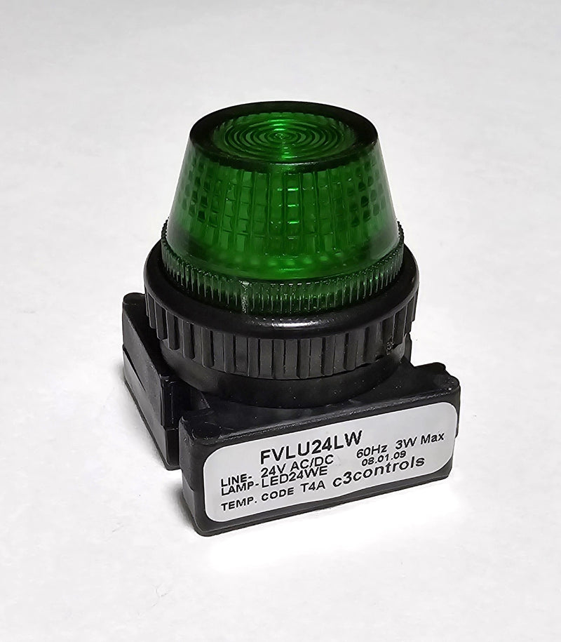 C3Controls FVLU24LW Green Lens 24V AC/DC Panel Indicator Pilot Light - New