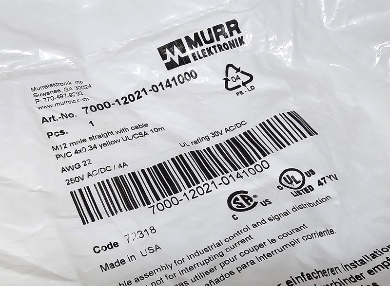 Murr 7000-12021-0141000 Male M12 Straight 10M Cable 4-Pin 22AWG - New / Sealed