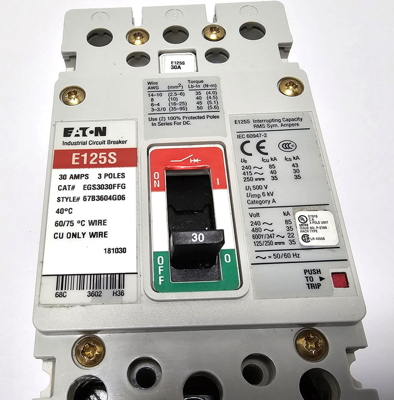 Eaton EGS3030FFG Molded Case Circuit Breaker 3-Pole 30A - Used