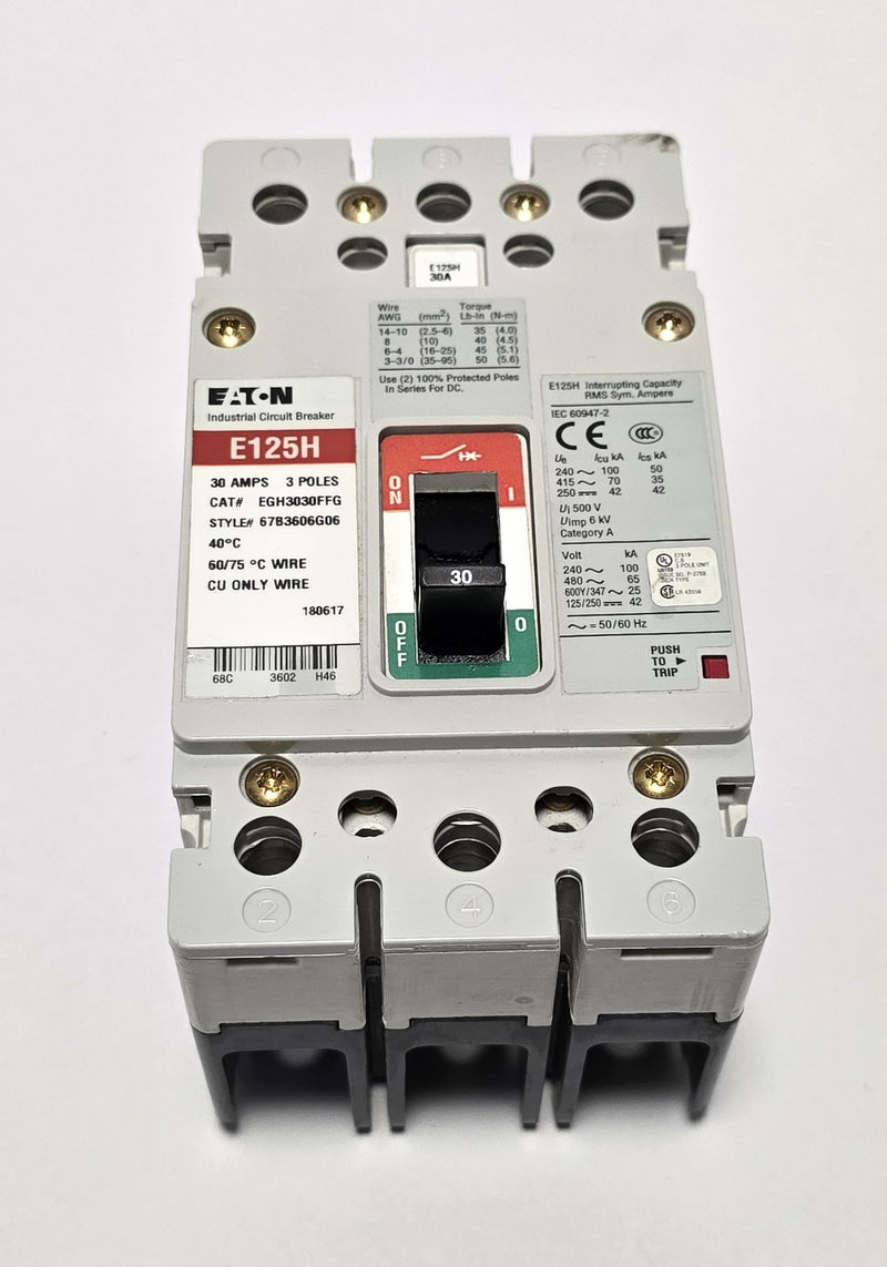 Eaton EGH3030FFG Molded Case Circuit Breaker 3-Pole 30A - Used - No Load Lugs