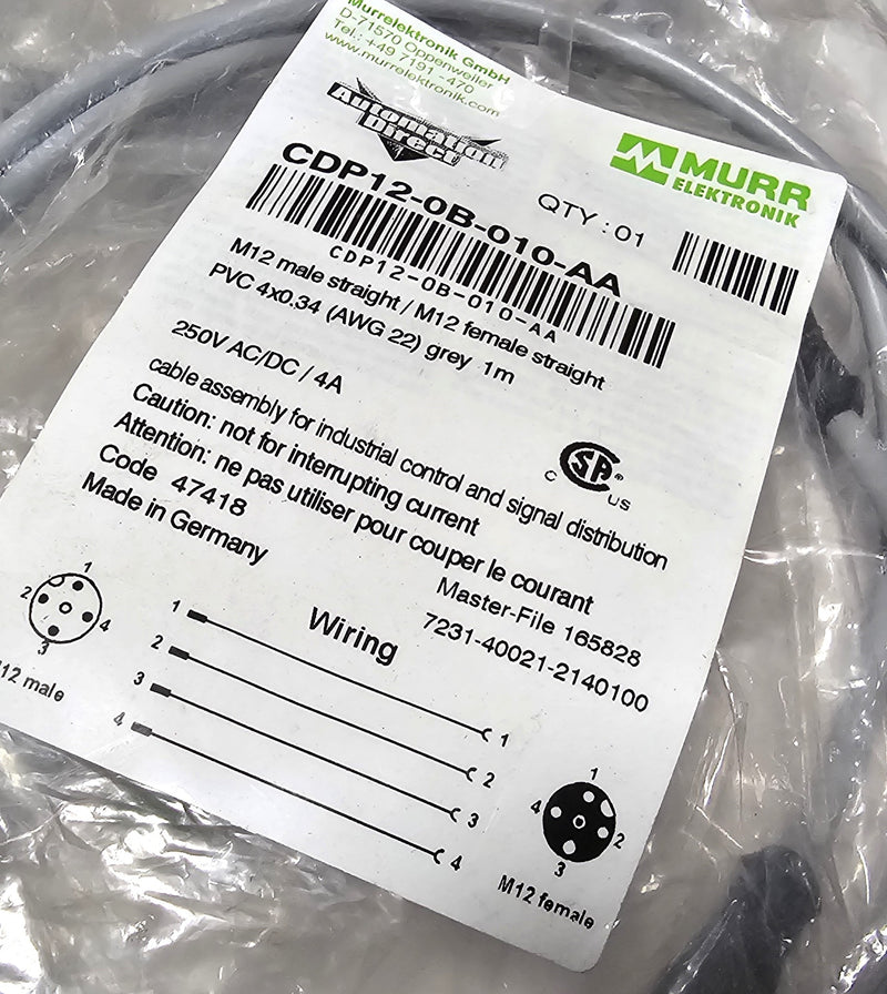 Automation Direct CDP12-0B-010-AA ( Lot of 5 ) M12 Male/Female Straight 1m - New