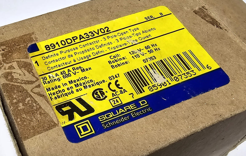 Square D 8910DPA33V02 3-Pole Definite Purpose Contactor 120V Coil 30A - New