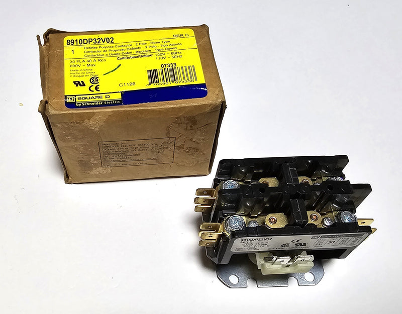 Square D 8910DP32V02 2-Pole Definite Purpose Contactor 120V Coil 30A - New