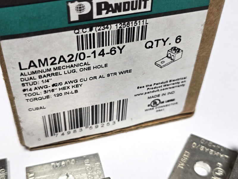 Panduit LAM2A2/0-14-6Y Alum. Dual Barrel Lug 14-2/0 AWG ( 6-Pack ) New in Box