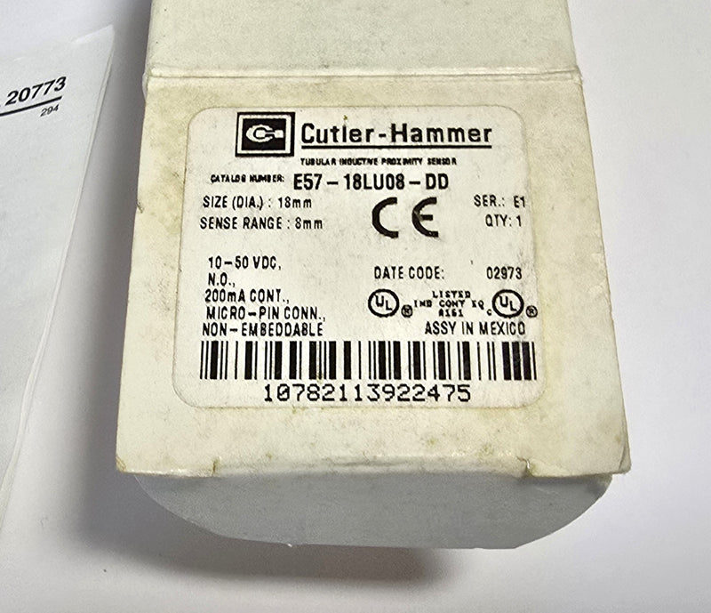 Cutler Hammer E57-18LU08-DD 10-50VDC 18mm Proximity Sensor 8mm Range - New