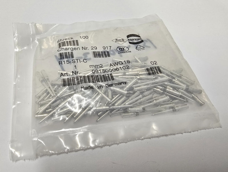 Harting 09150006102 Male 18AWG Crimp Contact Pins ( Pack of 100 ) New / Sealed
