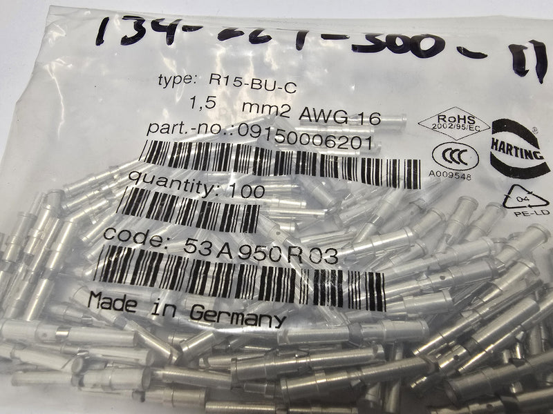 Harting 09150006201 Female 16AWG Crimp Contact Pins ( Pack of 100 ) New / Sealed