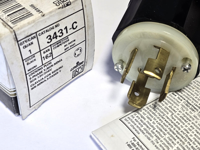 Leviton 3431-C 3-Phase 4P30A 120/208V Locking Plug - New