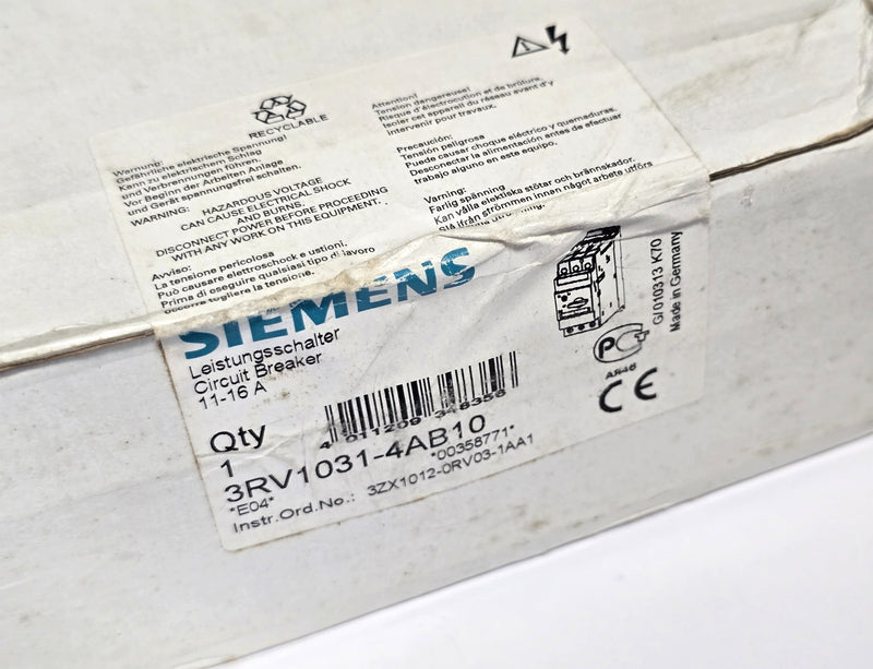 Siemens 3RV1031-4AB10 11-16A Motor Overload Circuit Breaker - New / Sealed