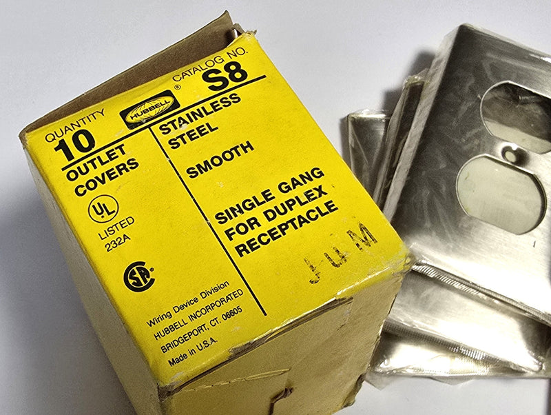 Hubbell S8 Stainless Steel Smooth Single Duplex Receptacle Covers Box/10 - New