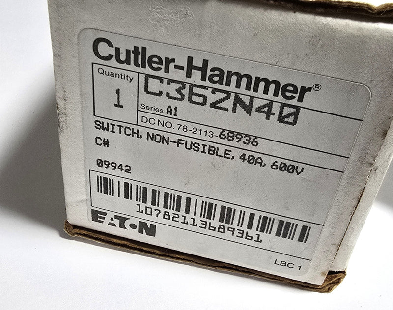 Cutler Hammer C362N40 Non-Fusible 40A 600V 3P Disconnect Switch - New