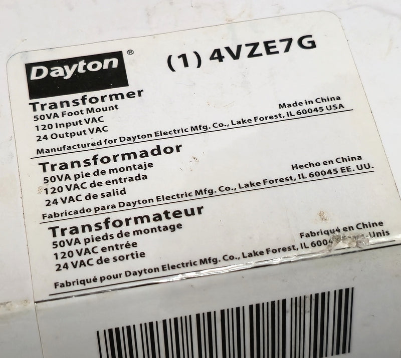 Dayton 4VZE7G Control Transformer Pri:120VAC Sec: 24VAC 50VA Foot Mount - New