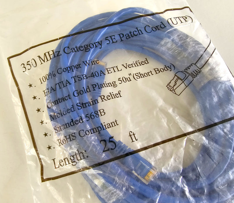 350 MHz Cat5E Ethernet / Network Patch Cord Blue 25' Cable - New
