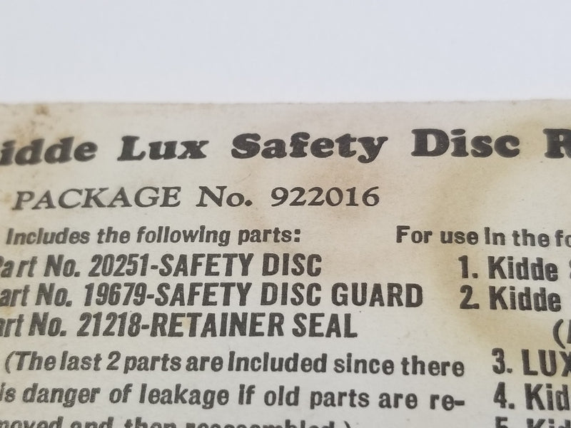 Kidde 922016 Fire Extinguisher Safety Disc 20251 KIT NOS-Sealed