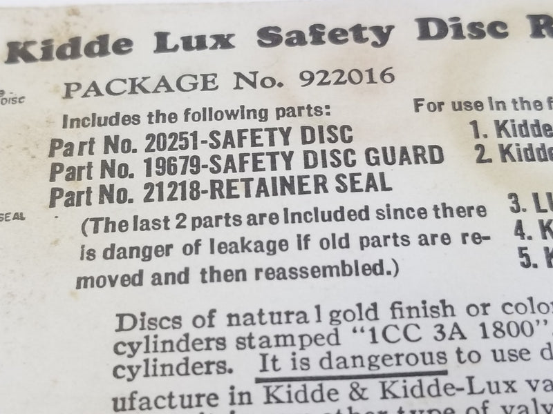 Kidde 922016 Fire Extinguisher Safety Disc 20251 KIT NOS-Sealed