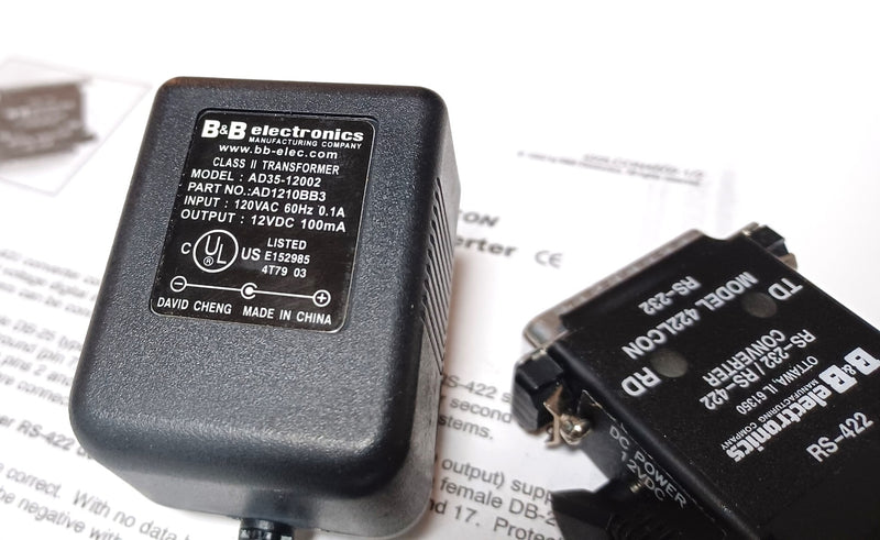 B&B Electronics 422LCON RS-232 RS-422 Converter & AD35-12002 12VDC Power Supply