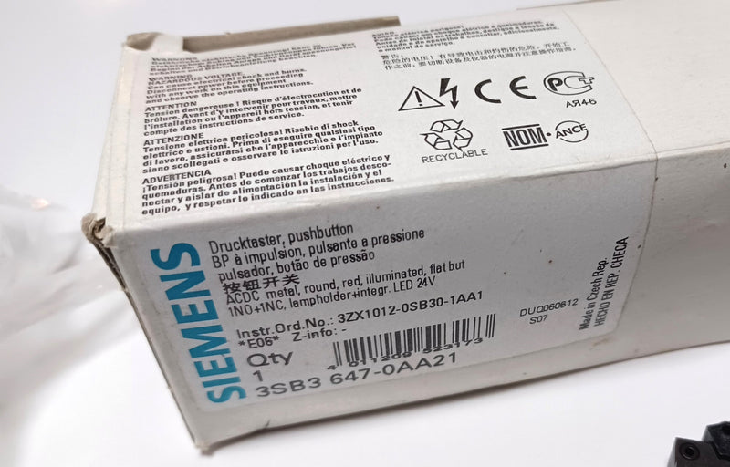 Siemens 3SB3 647-0AA21 Illuminated Red LED Flat Push Button 1-N/O 1-N/C New