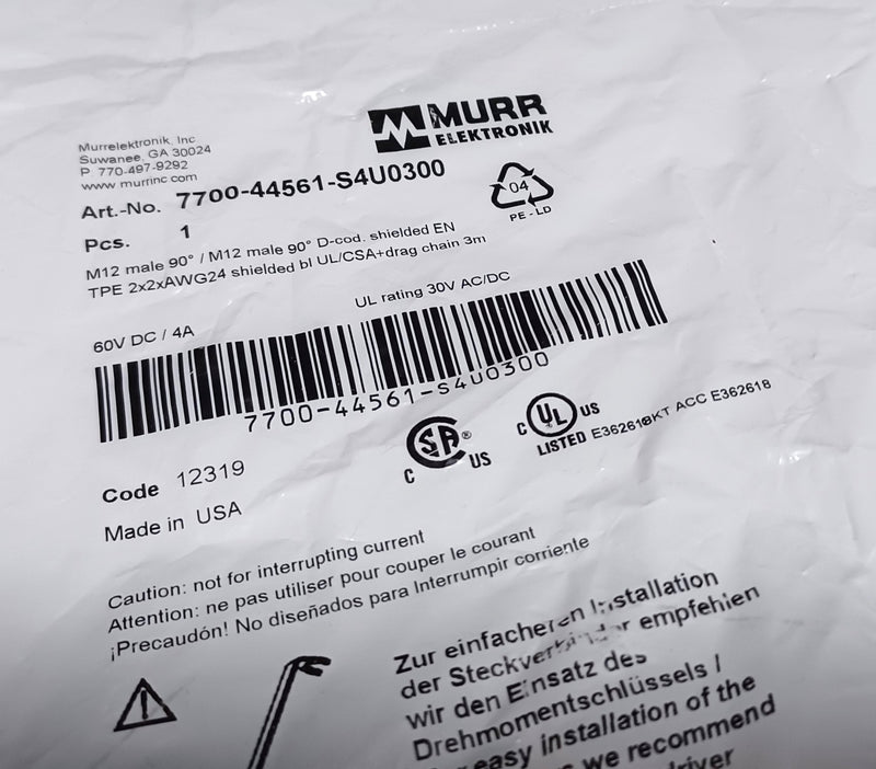 Murr 7700-44561-S4U0300 Dual M12 Male 90° Ends D-coded Shielded CAT5 Cable - New