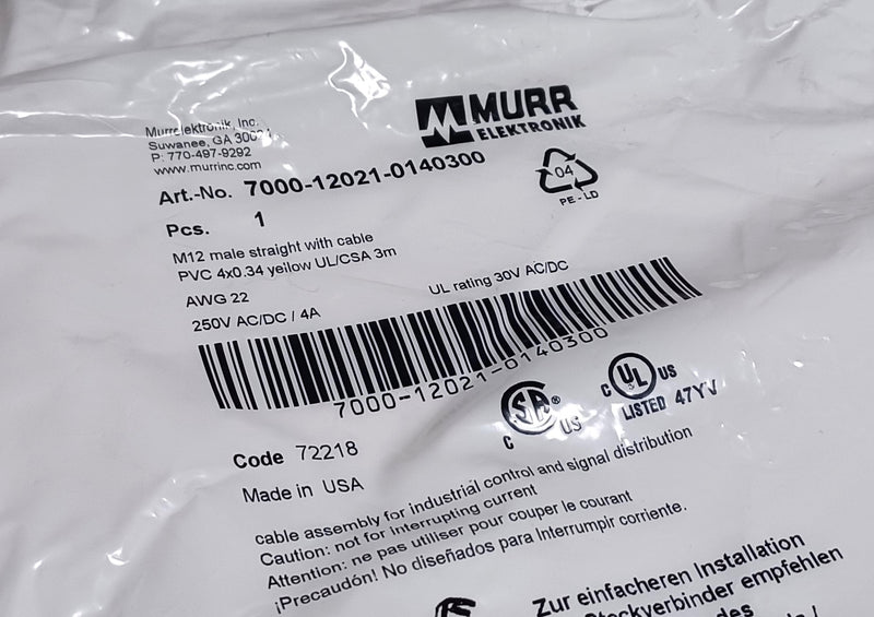 Murr 7000-12021-0140300 Yellow M12 Male Straight 4-Pin 3m Cable - New