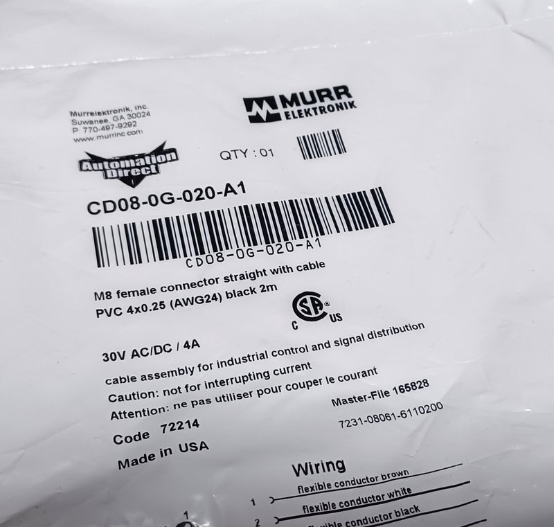Murr CD08-0G-020-A1 M8 Female Straight Black PVC Cable 4-Wire 24AWG 2M - New