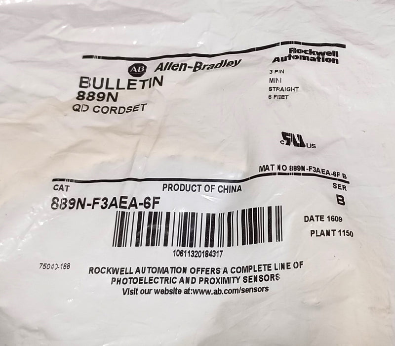 Allen Bradley 889N-F3AEA-6F 3-Pin Straight AC 10A 300V 6' Yellow Cable - New