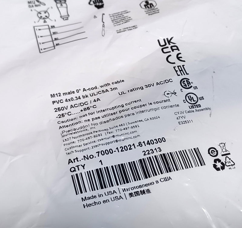 Murr 7000-12021-6140300 M12 Male - Flying Leads 3m 4-Pin Sensor Cable - New