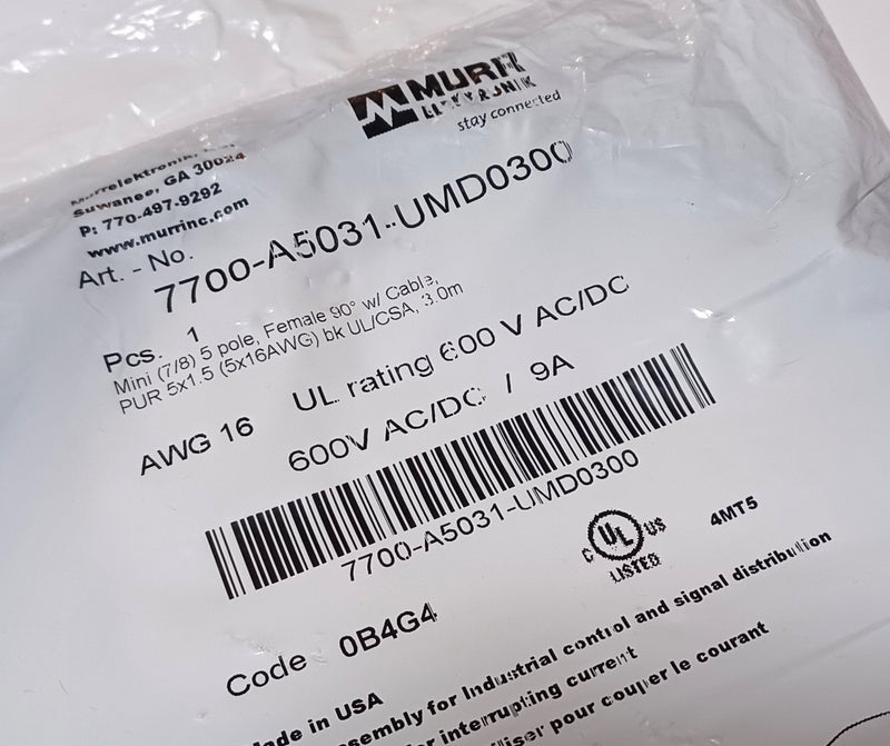 Murr Elektronik 7700-A5031-UMD0300 5-Pole Female 90 Deg. 16AWG 3M Cable - New