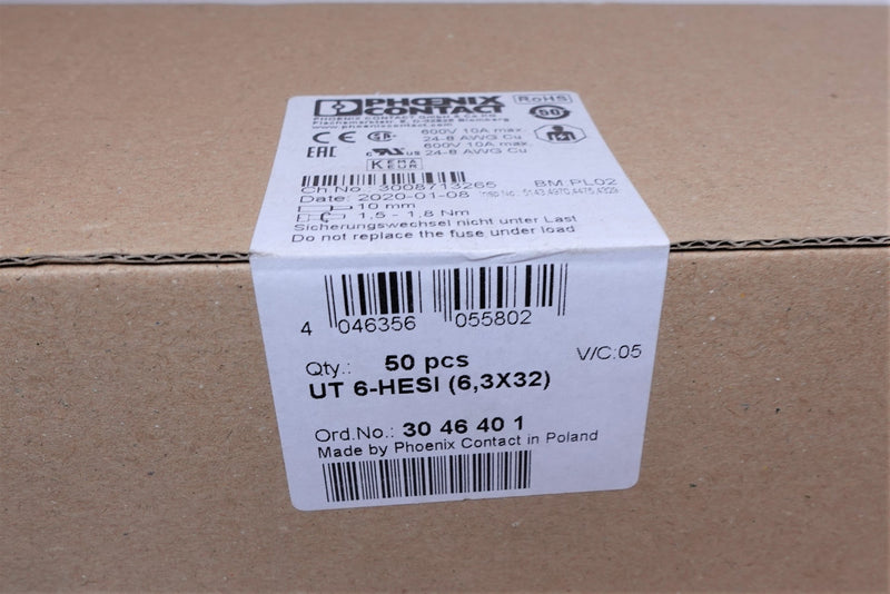 Pheonix Contact 30 46 40 1 UT 6-HESI 6,3X323 600V 10A Fuse Holders New Box/50